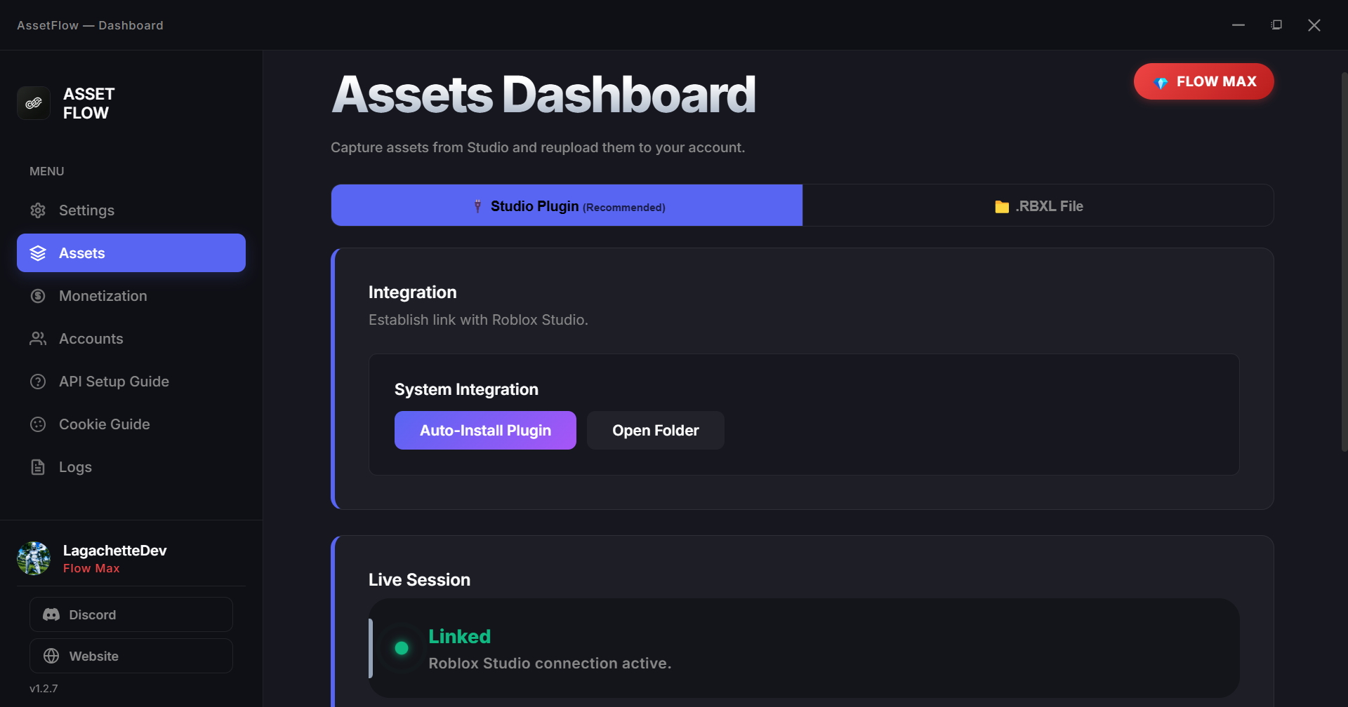 AssetFlow app — Assets Dashboard showing Integration, Live Session, and Scan Game Assets